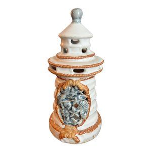 Vintage Lighthouse Tealight Glazed Ceramic Candle Holder Blue Seashell 7.5"